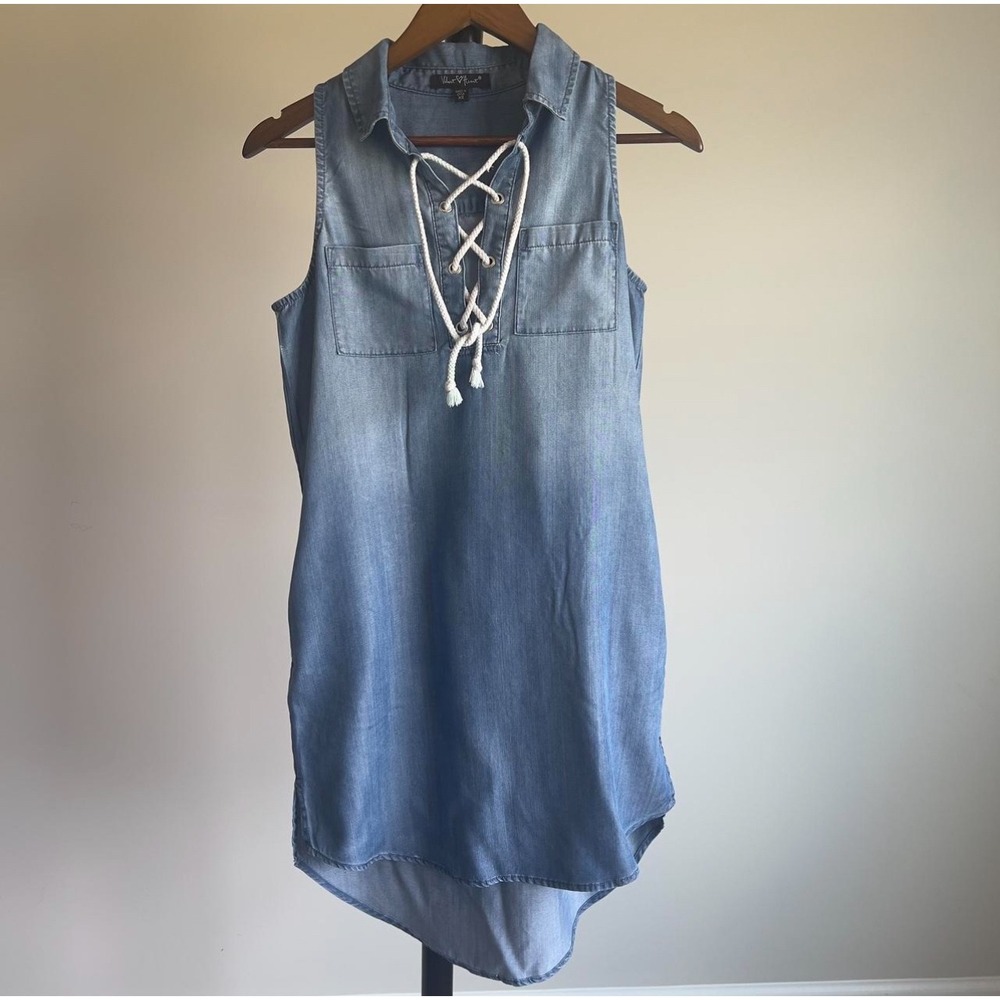 Velvet Heart Dress XS Blue Denim Chambray Lace Up Sleeveless Shift High Low